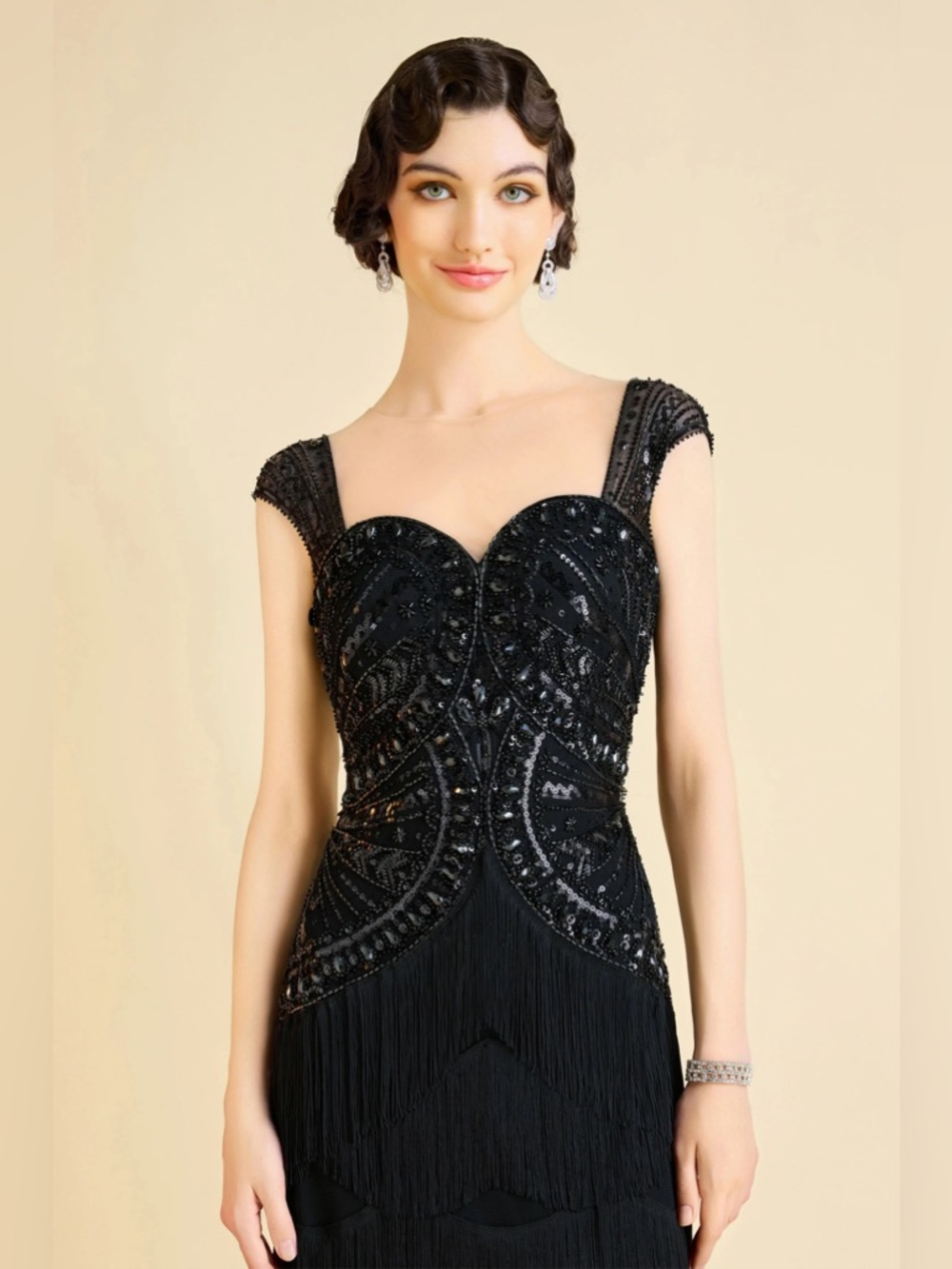 NWT Babeyond Geometric Rhinestone Fringe Evening Gown
